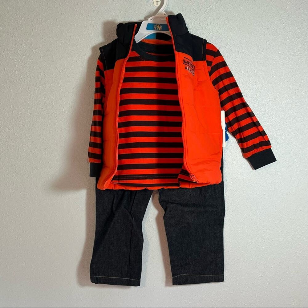 NWT Sweet & Soft Boy’s 3 Piece Basketball Set (Orange Vest, Shirt, & Jeans) 24M - Picture 2 of 16